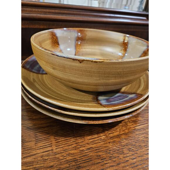 Sango Splash 4951 Serving Salad Bowl 9” Tan Brown Drip Glaze + 3 11" Plates - Picture 1 of 8